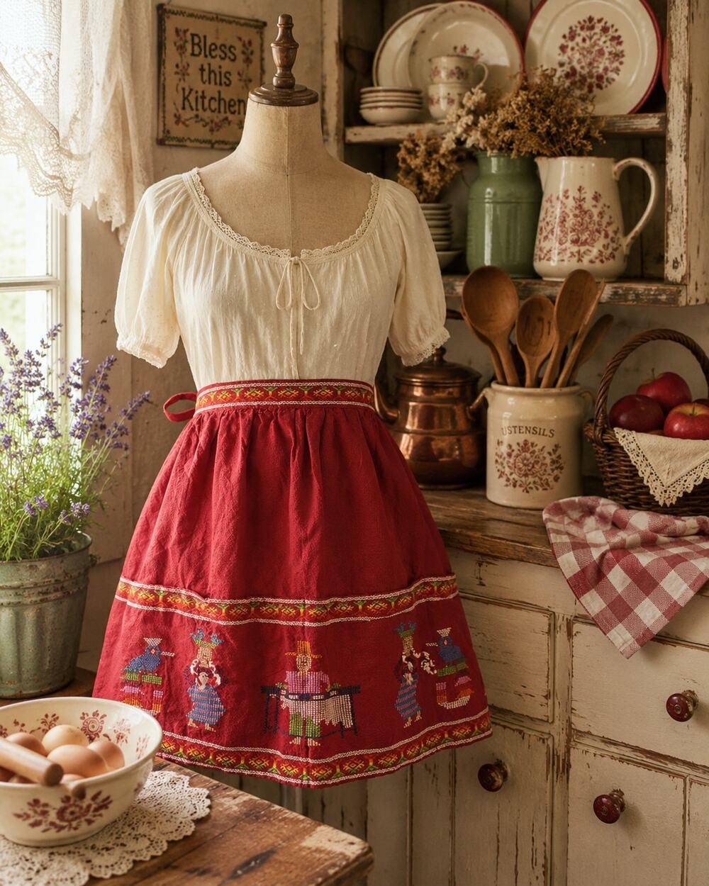 Vintage Guatemalan Embroidered Folk Art Half Apron